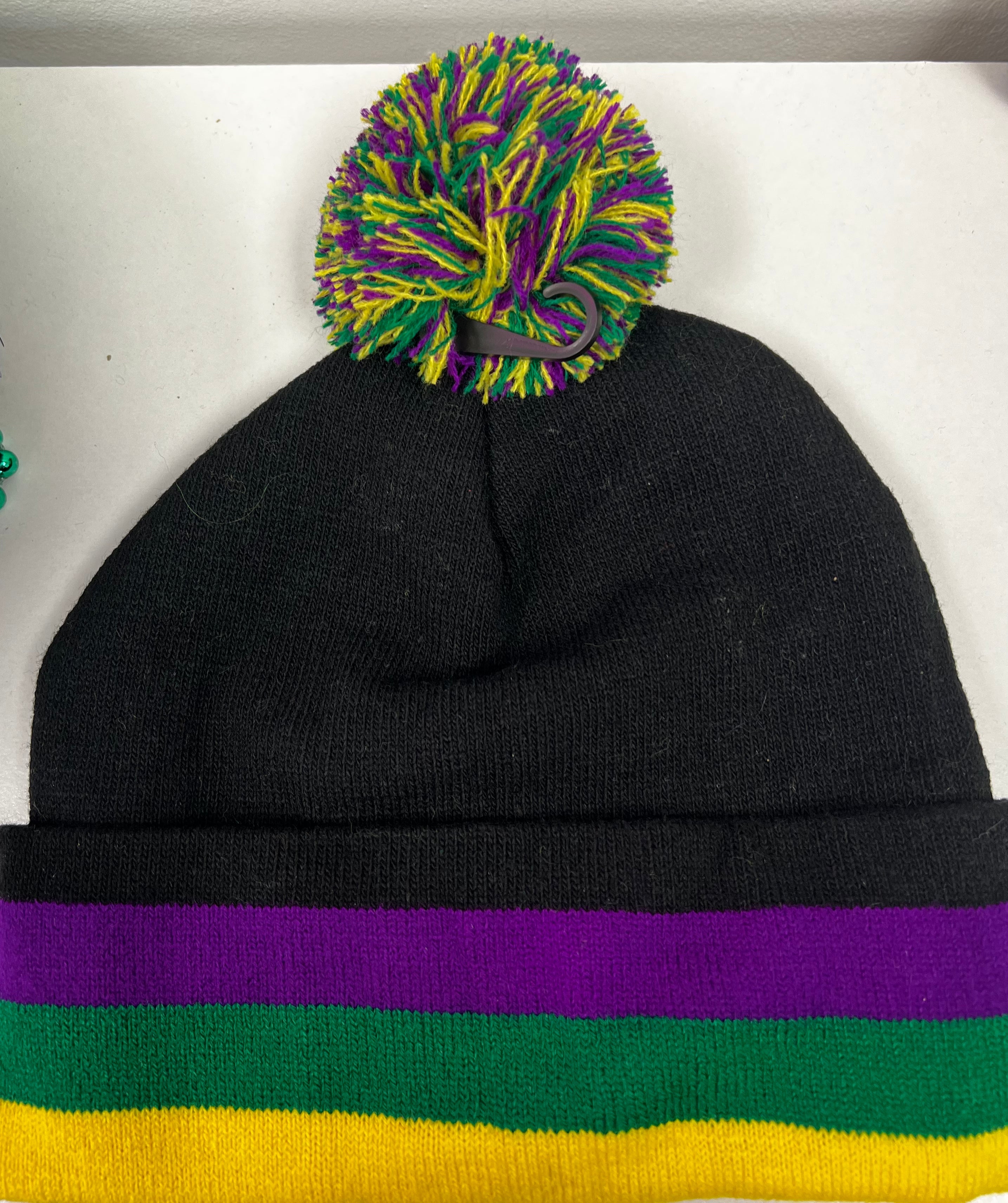 Mardi Gras beanie cap Glamherup Beautique Black stripe w/Pom