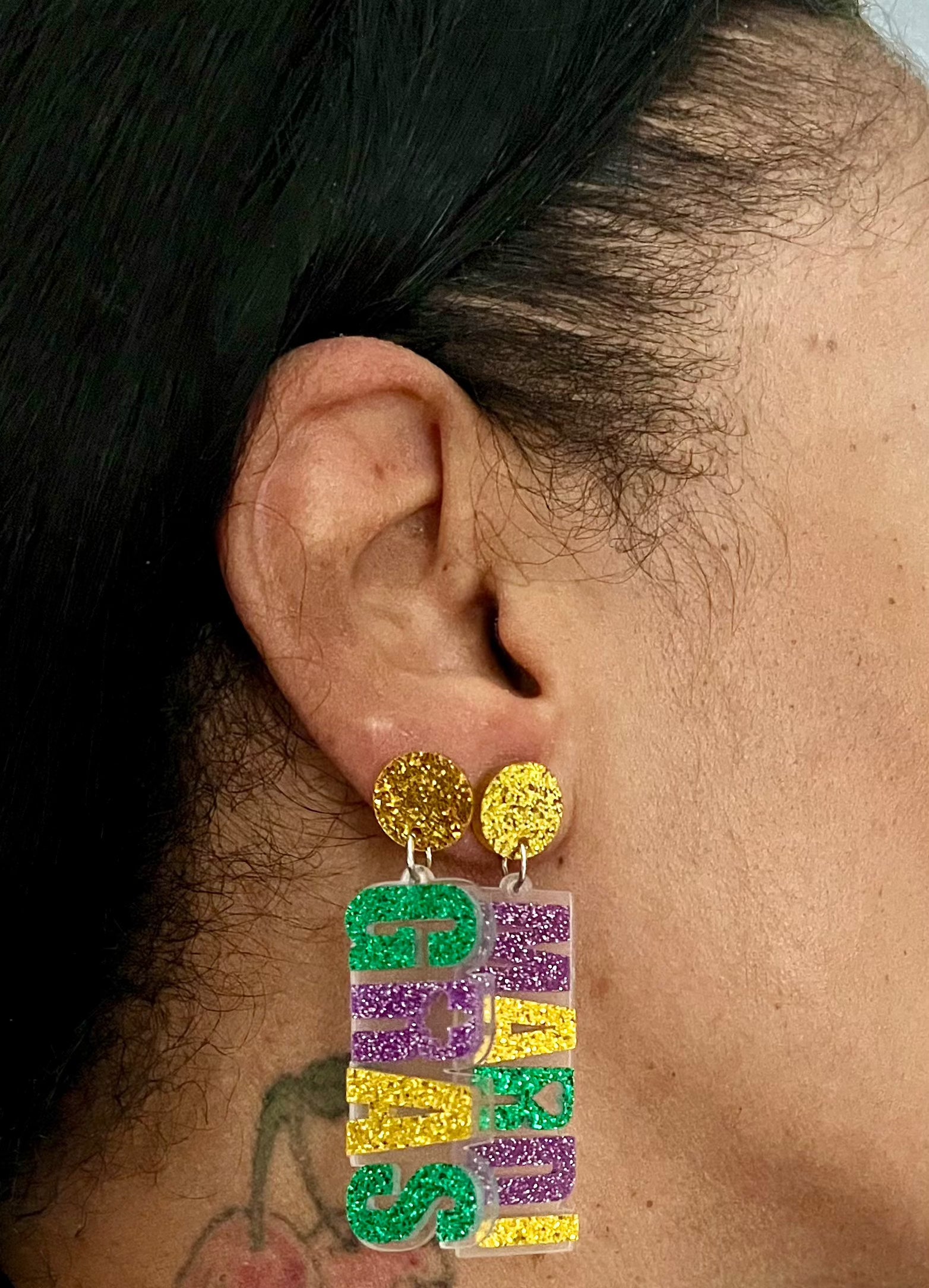 Mardi Gras acrylic earrings Glamherup Beautique Mardi Gras