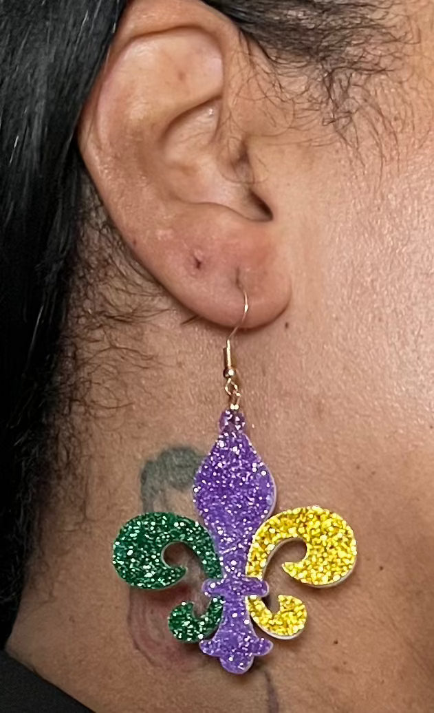Mardi Gras acrylic earrings Glamherup Beautique Fleur de lis