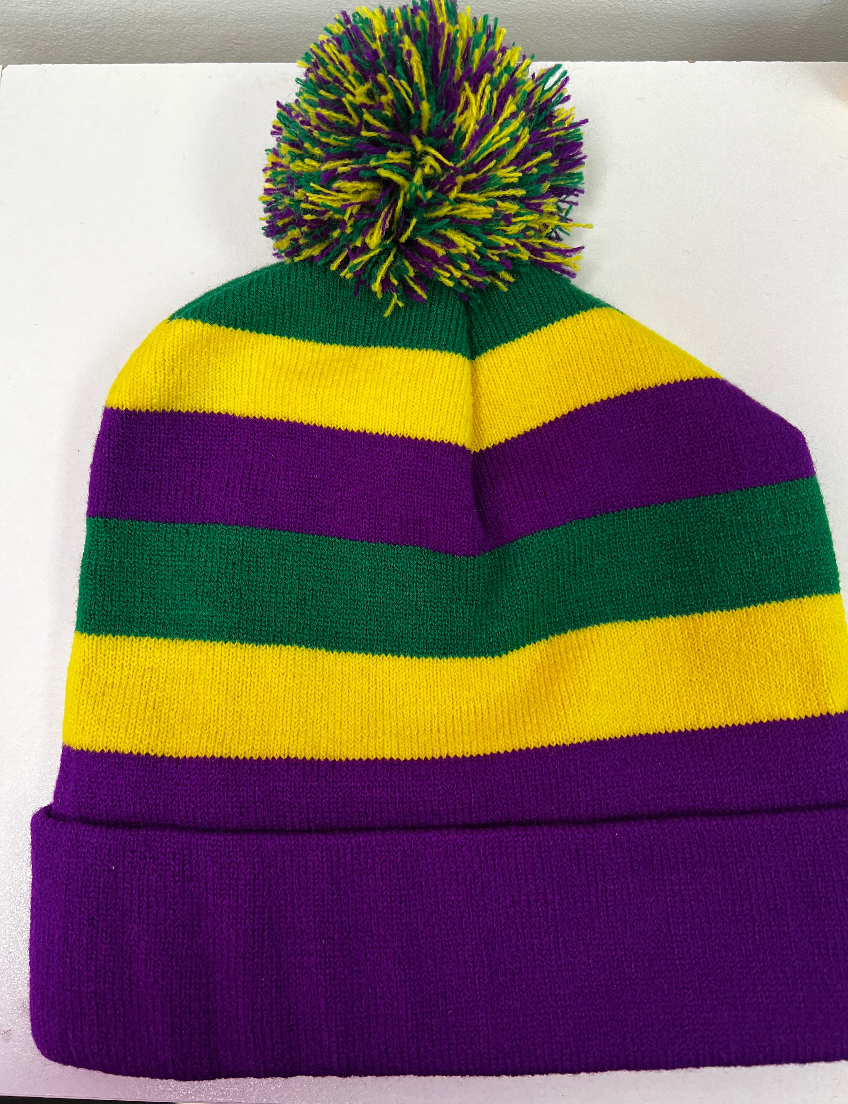 Mardi Gras beanie cap Glamherup Beautique Purple gold and green stripe w/Pom