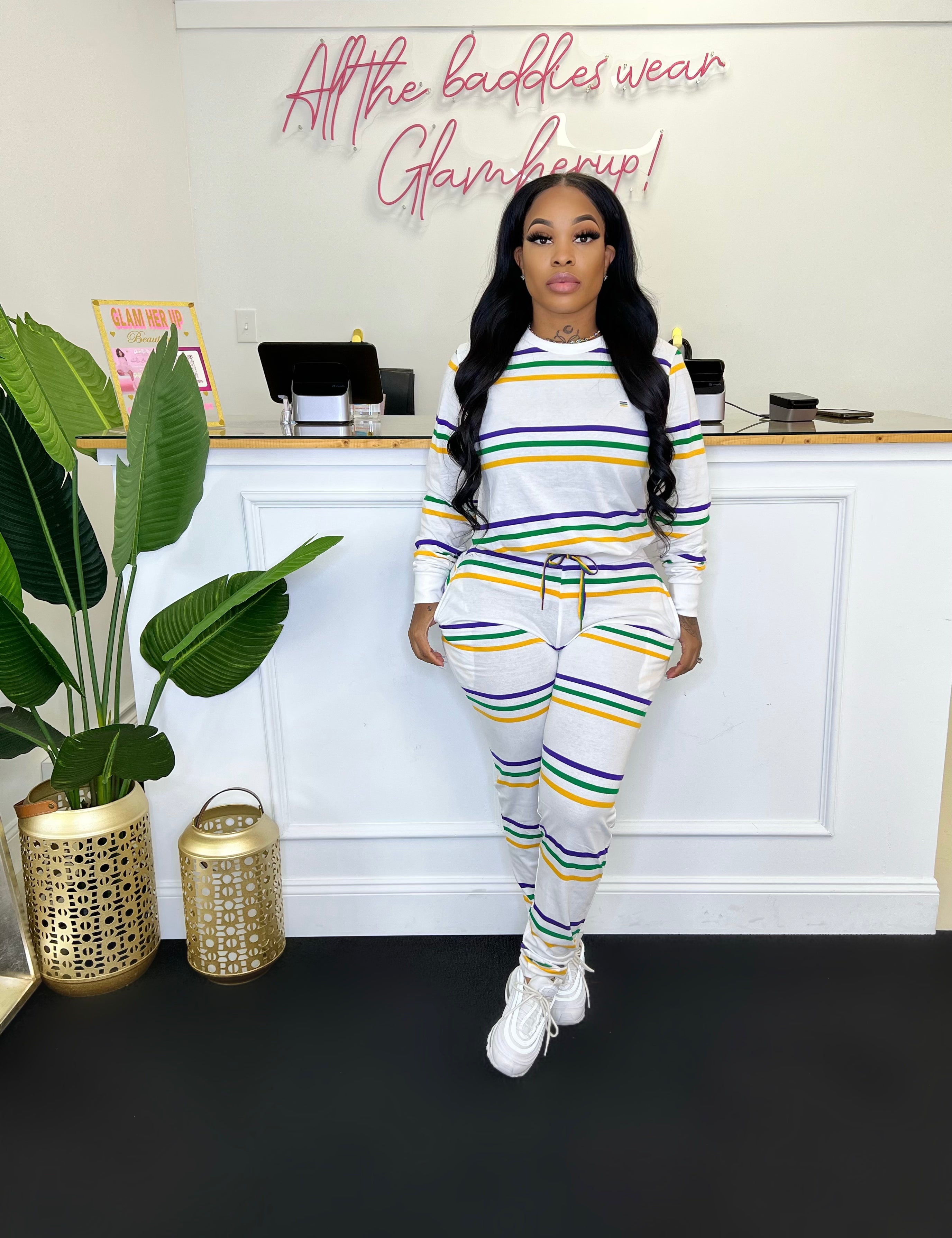 Mardi Gras Mash set Glamherup Beautique Sm/med White infinity stripe