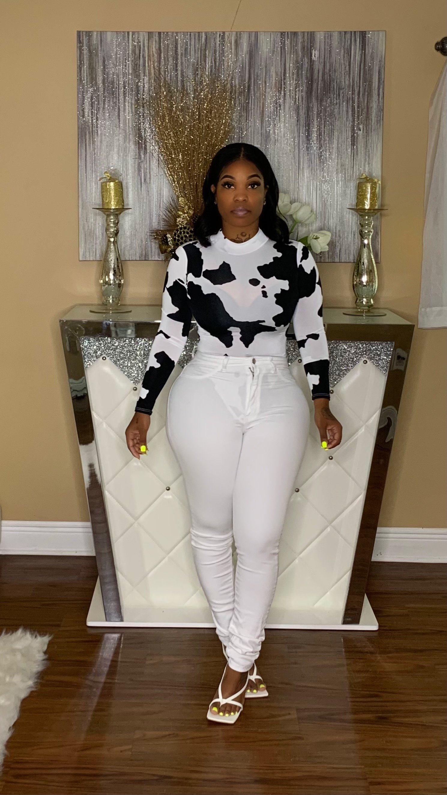 Cow print bodysuit Glamherup Beautique Small Blk/white