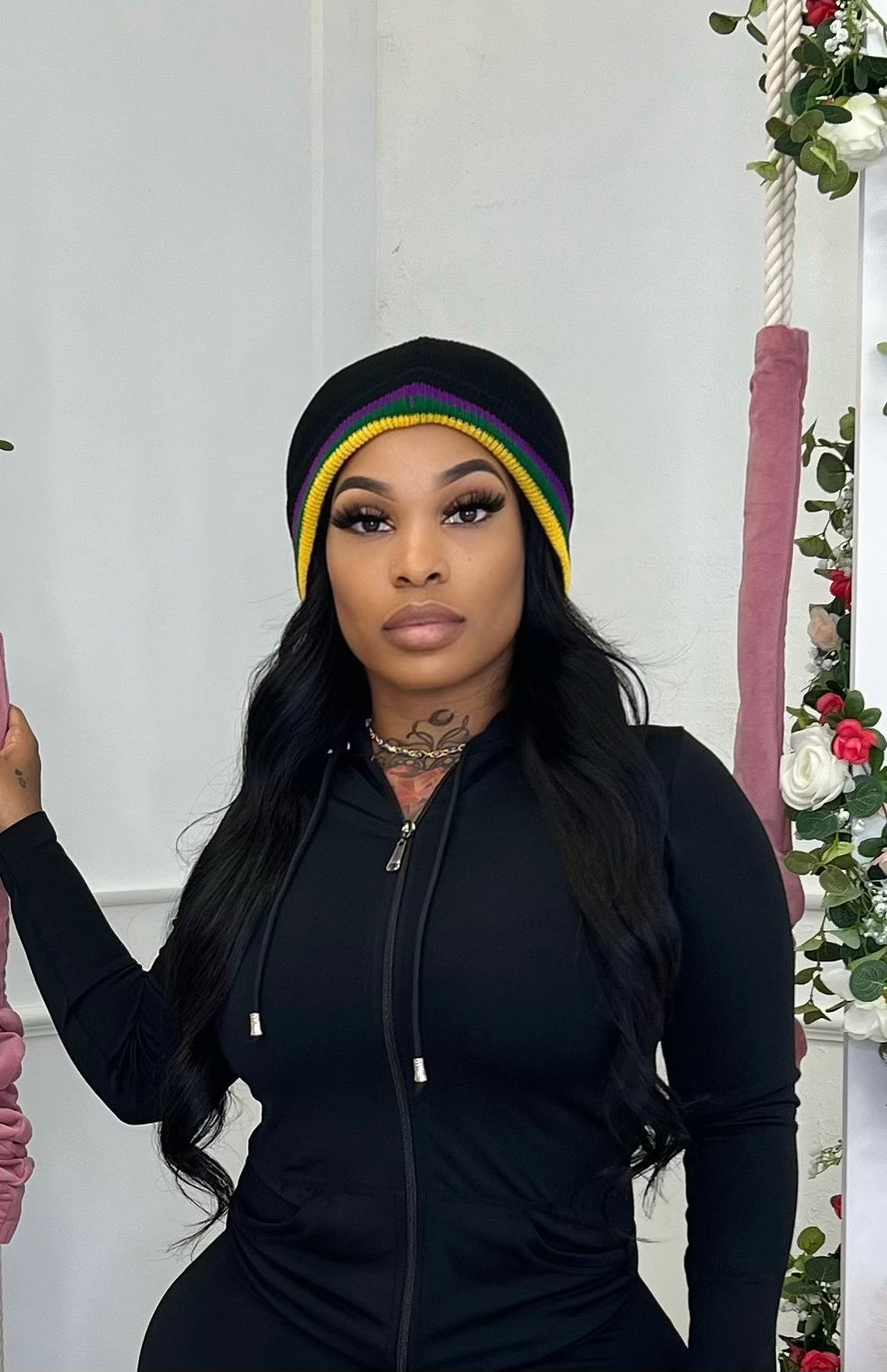 Mardi Gras beanie cap Glamherup Beautique Black with purple gold and green stripe