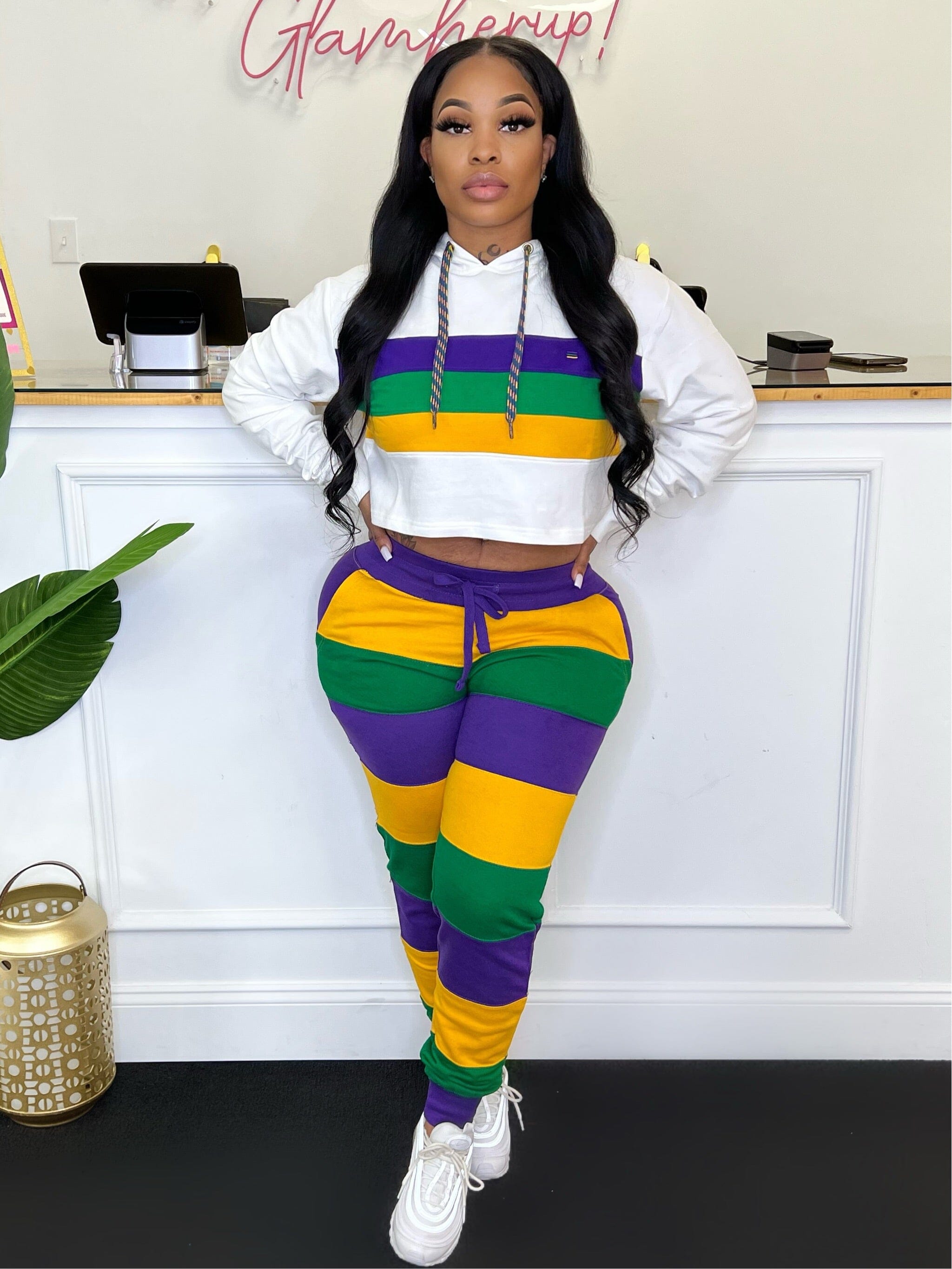 Mardi Gras crop hoodie Glamherup Beautique Small/medium White