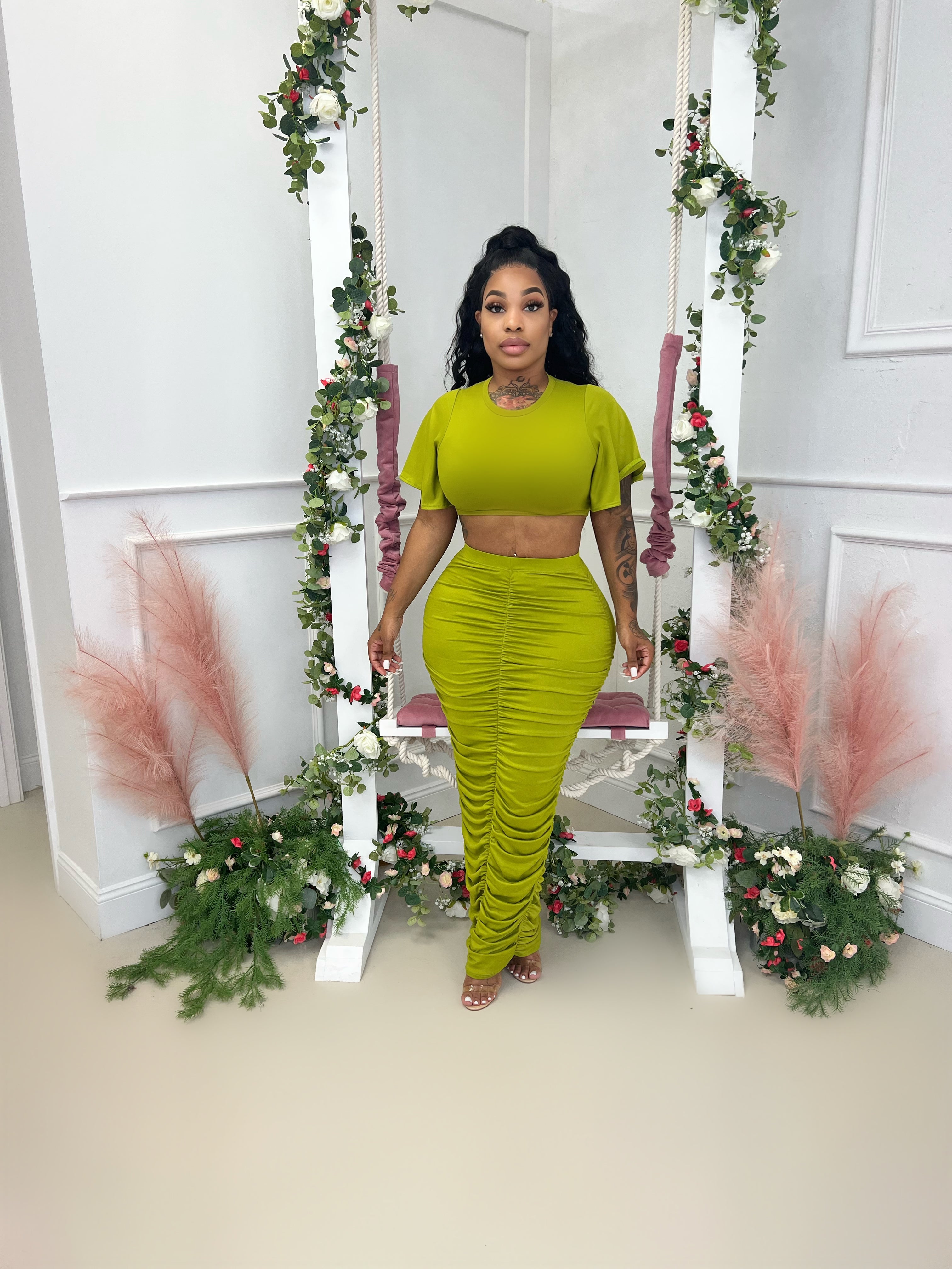 Crop top ruched skirt set Glamherup Beautique Small Green