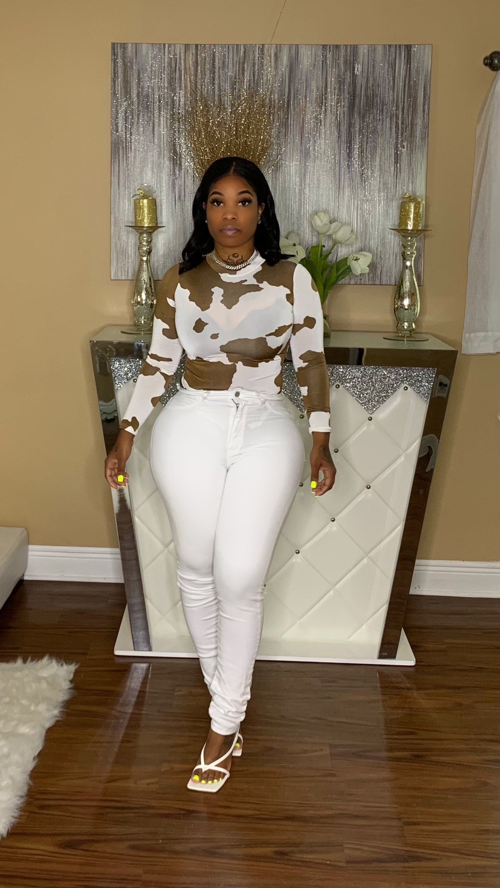 Cow print bodysuit Glamherup Beautique Small Brn/white