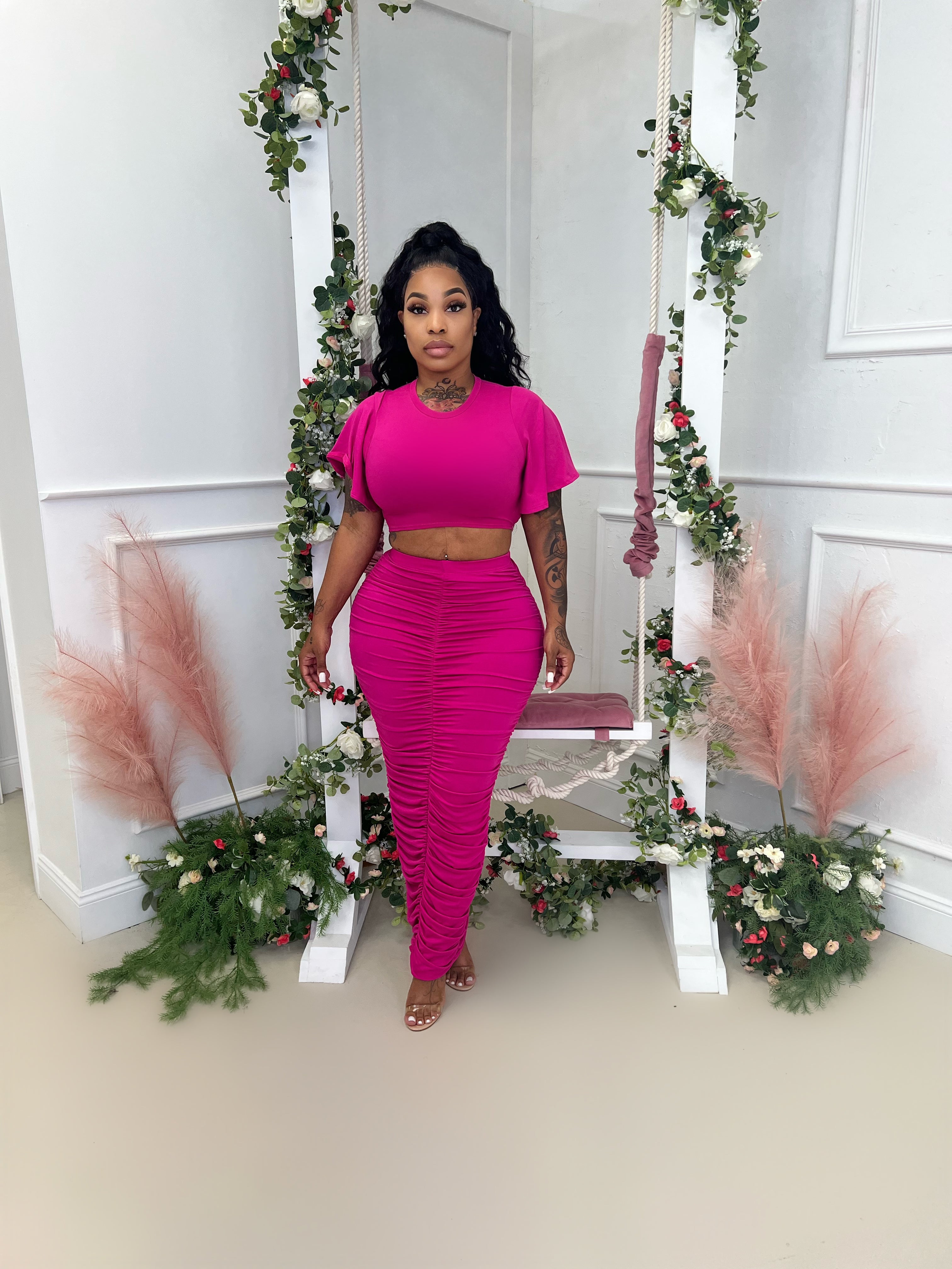 Crop top ruched skirt set Glamherup Beautique Small Pink