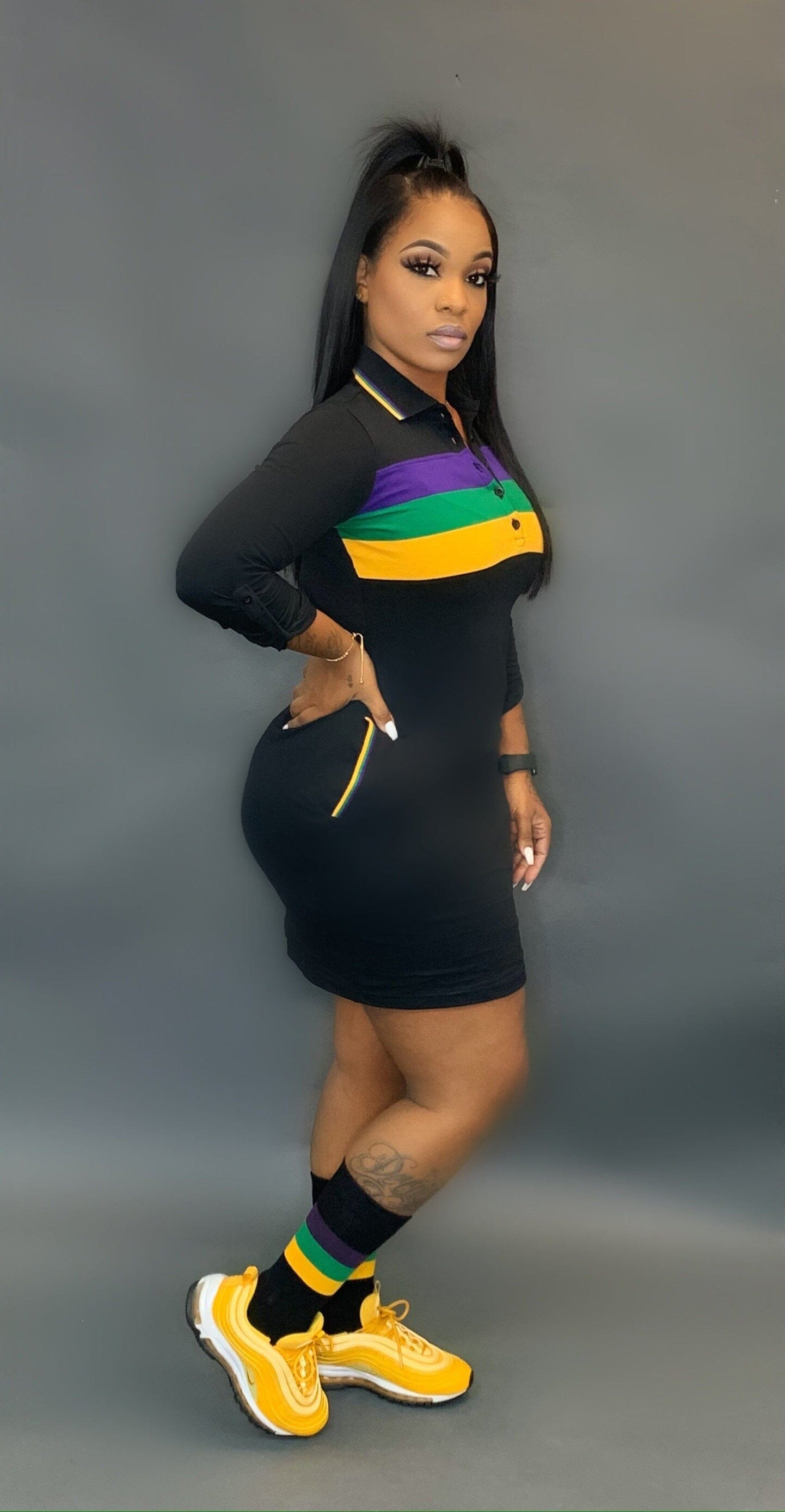Mardi Gras dress black with stripes Glamherup Beautique