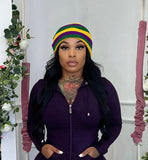 Mardi Gras beanie cap Glamherup Beautique Purple gold and green stripe