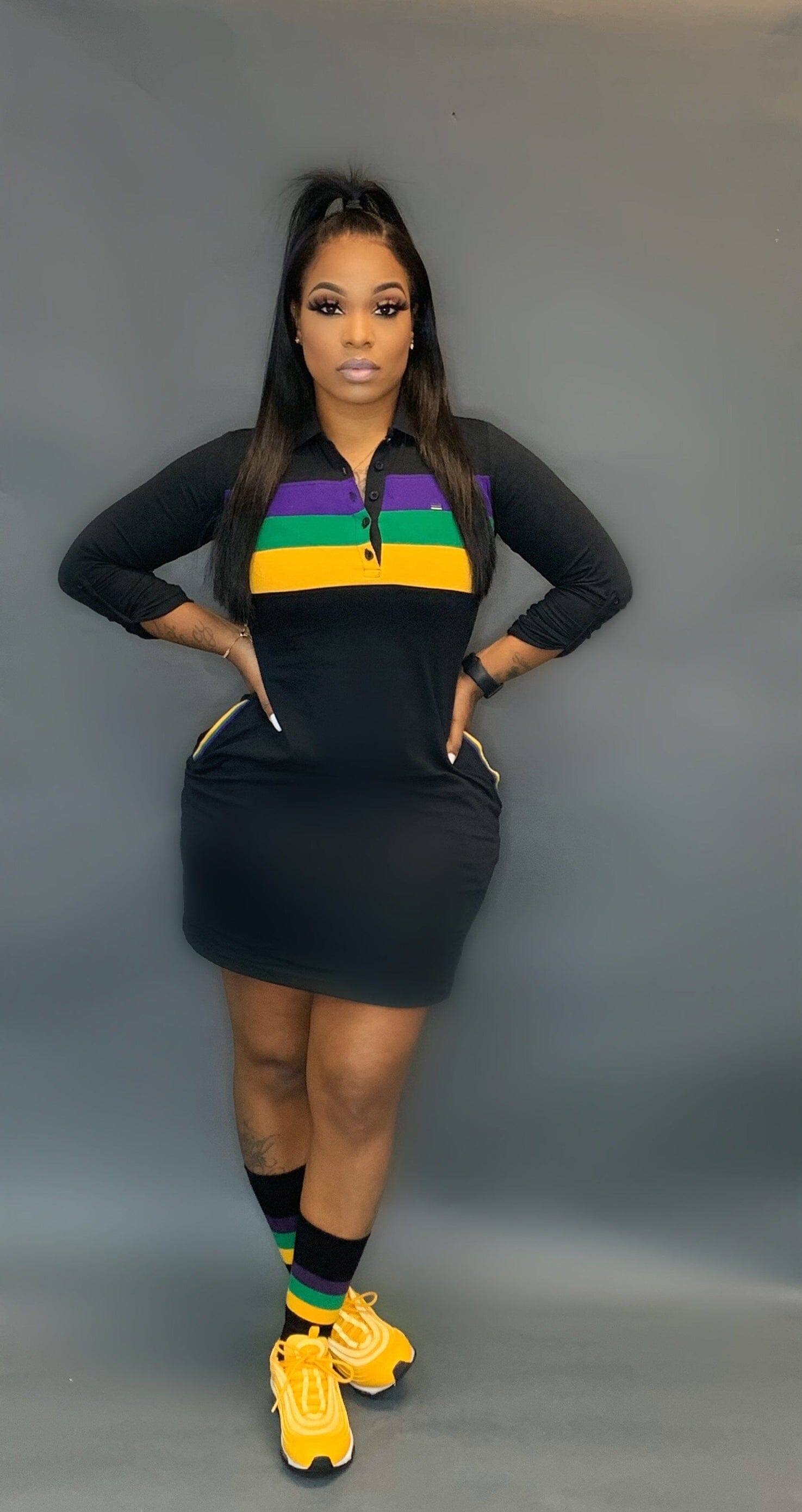 Mardi Gras dress black with stripes Glamherup Beautique