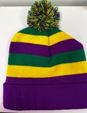 Mardi Gras beanie cap Glamherup Beautique Purple gold and green stripe w/Pom 